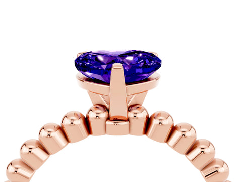 Rose gold Heart Cut Tanzanite Solitaire Ring with Beaded Band and Prong Setting_4