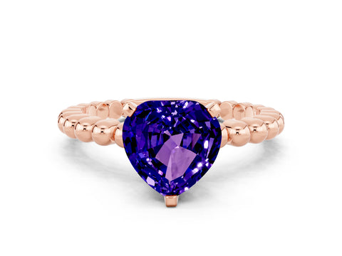 Rose gold Heart Cut Tanzanite Solitaire Ring with Beaded Band and Prong Setting