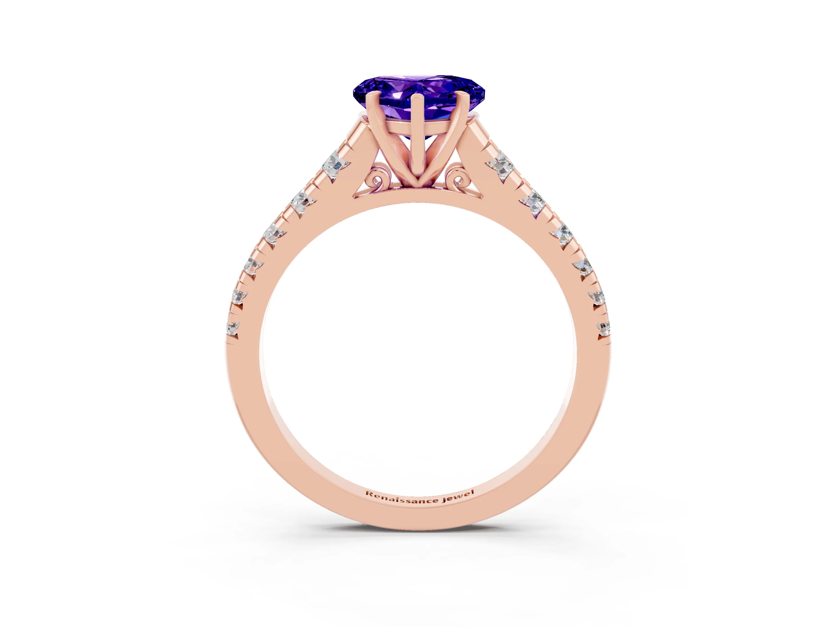 Rose gold Heart Cut Tanzanite Solitaire Ring with Cathedral Setting and Pavé Band_3
