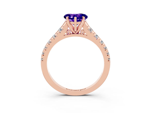 Rose gold Heart Cut Tanzanite Cathedral Solitaire Ring with Round  Pavé Band