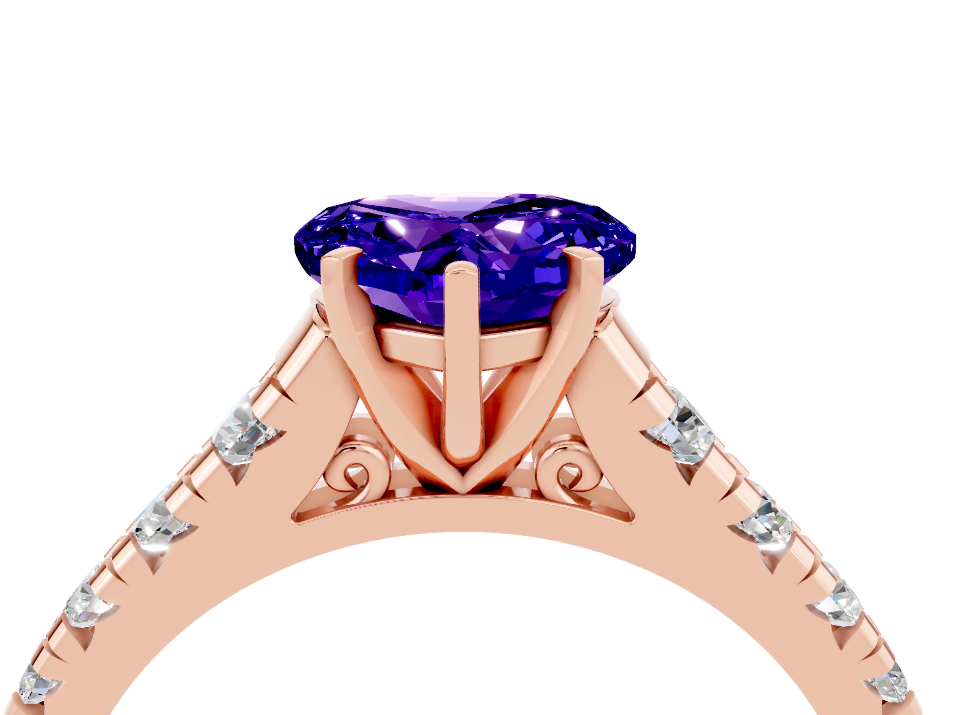 Rose gold Heart Cut Tanzanite Solitaire Ring with Cathedral Setting and Pavé Band_4