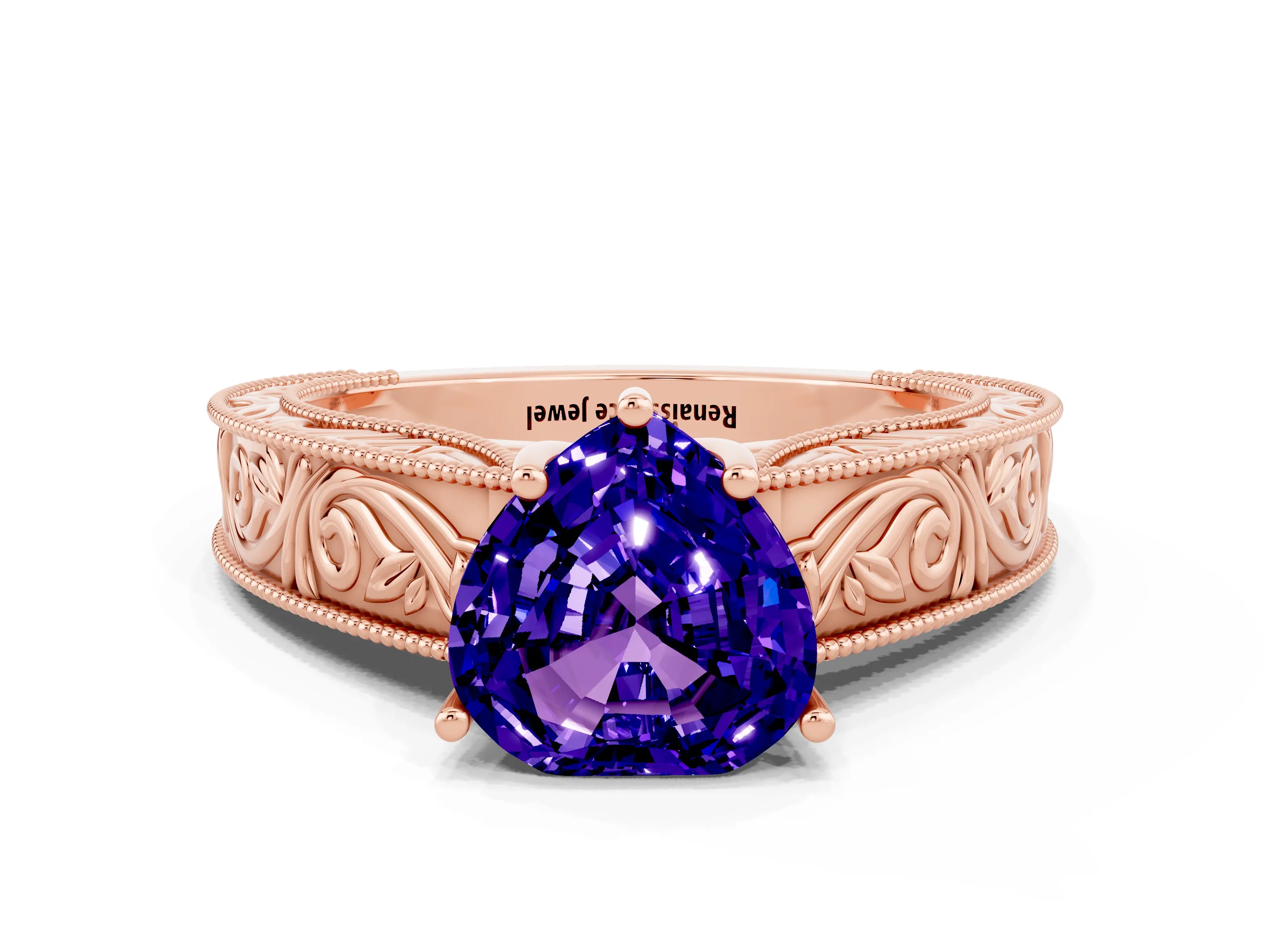 Rose gold Heart Cut Tanzanite Solitaire Ring with Engraved Band and Four-Prong Setting