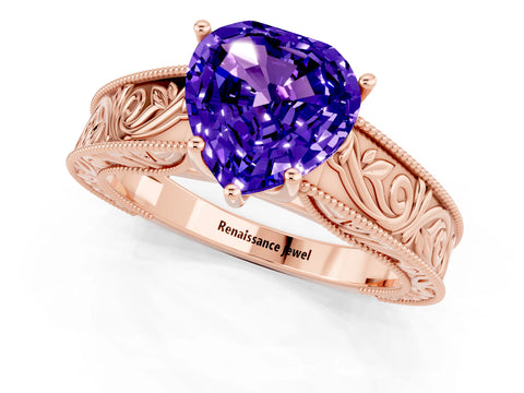 Rose gold Heart Cut Tanzanite Solitaire Ring with Engraved Band and Four-Prong Setting_1