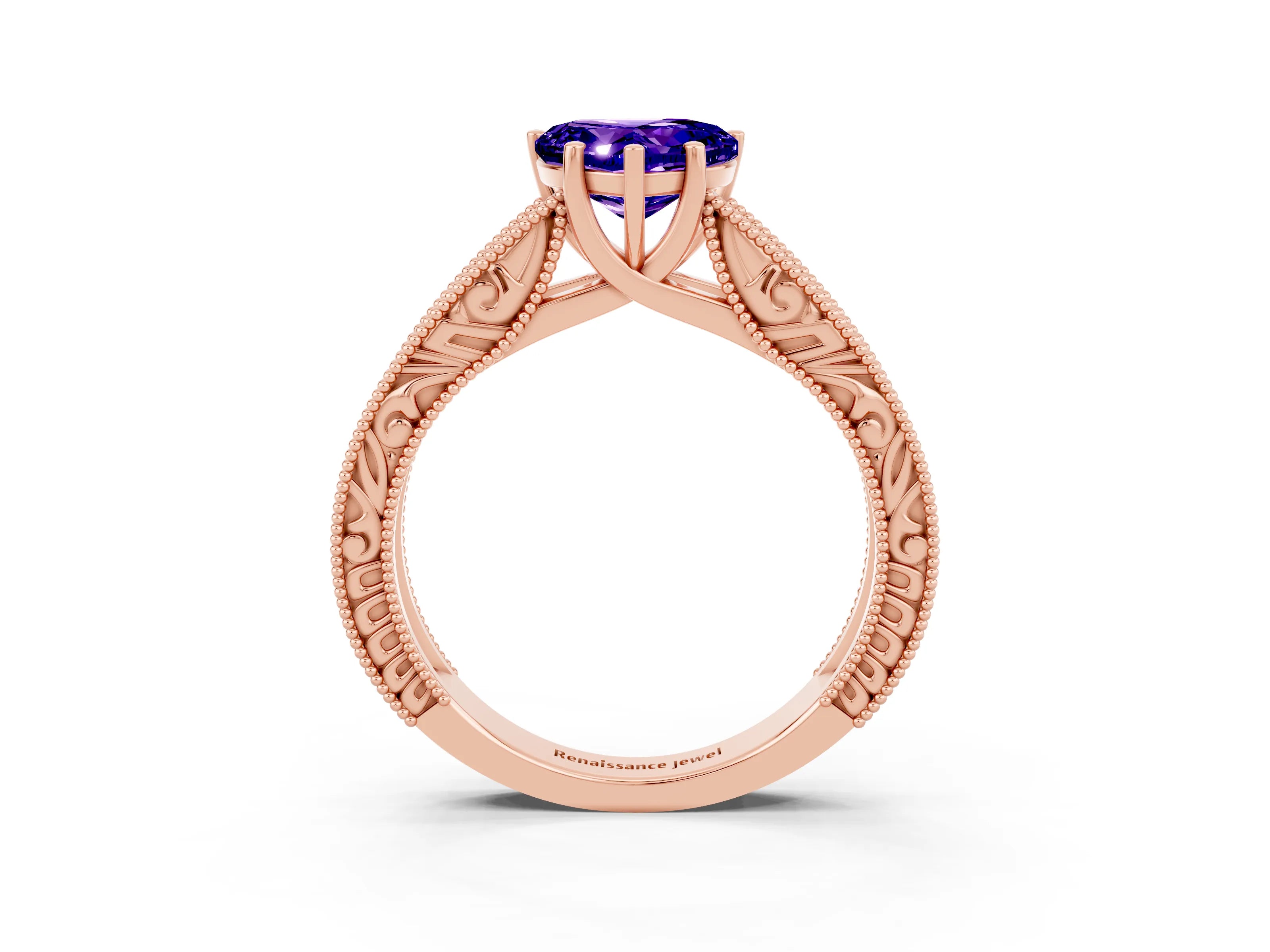 Rose gold Heart Cut Tanzanite Solitaire Ring with Engraved Band and Four-Prong Setting_3