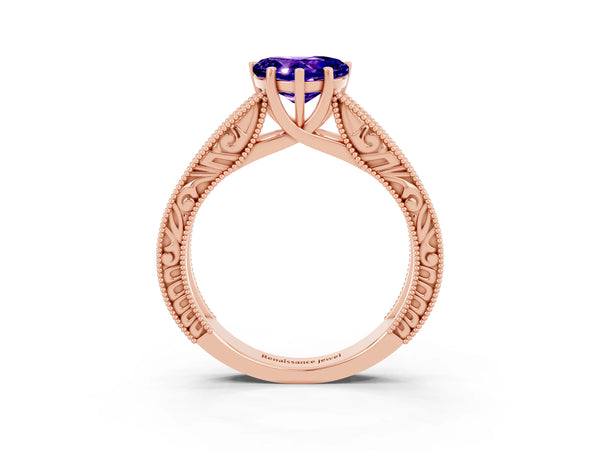 Rose gold Heart Cut Tanzanite Solitaire Ring with Engraved Band and Four-Prong Setting