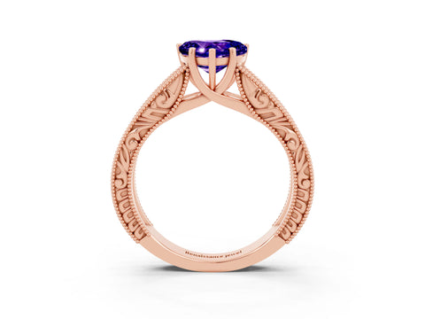Rose gold Heart Cut Tanzanite Solitaire Ring with Engraved Band and Four-Prong Setting_3