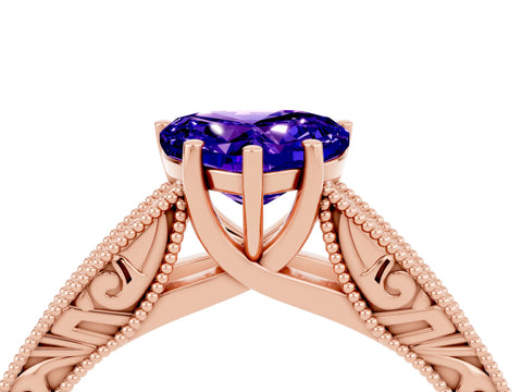 Rose gold Heart Cut Tanzanite Solitaire Ring with Engraved Band and Four-Prong Setting_4