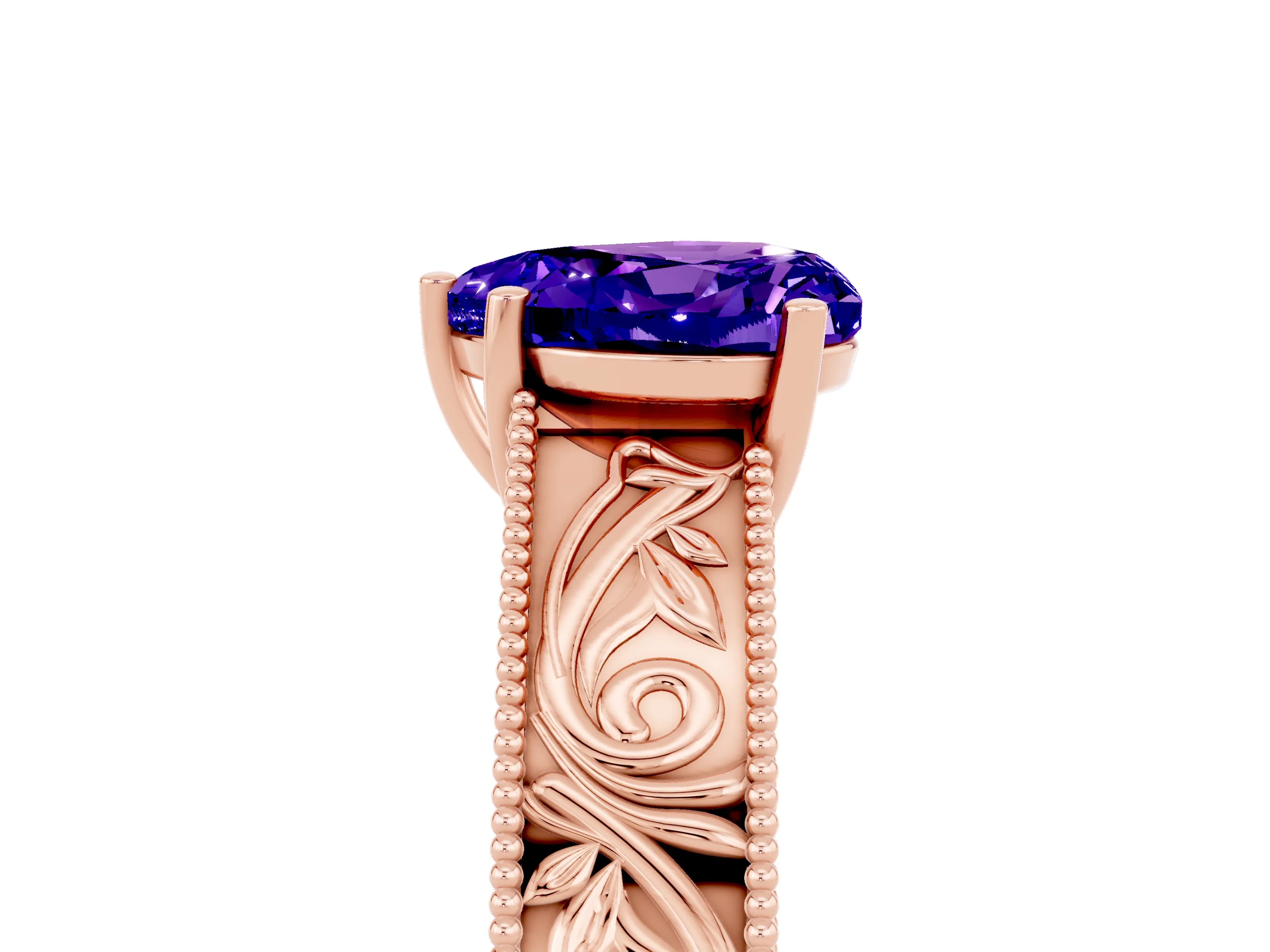 Rose gold Heart Cut Tanzanite Solitaire Ring with Engraved Band and Four-Prong Setting_5