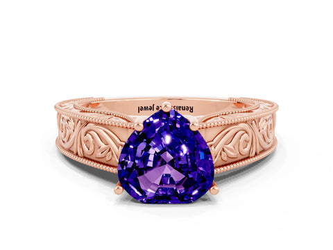 Rose gold Heart Cut Tanzanite Solitaire Ring with Engraved Band and Four-Prong Setting
