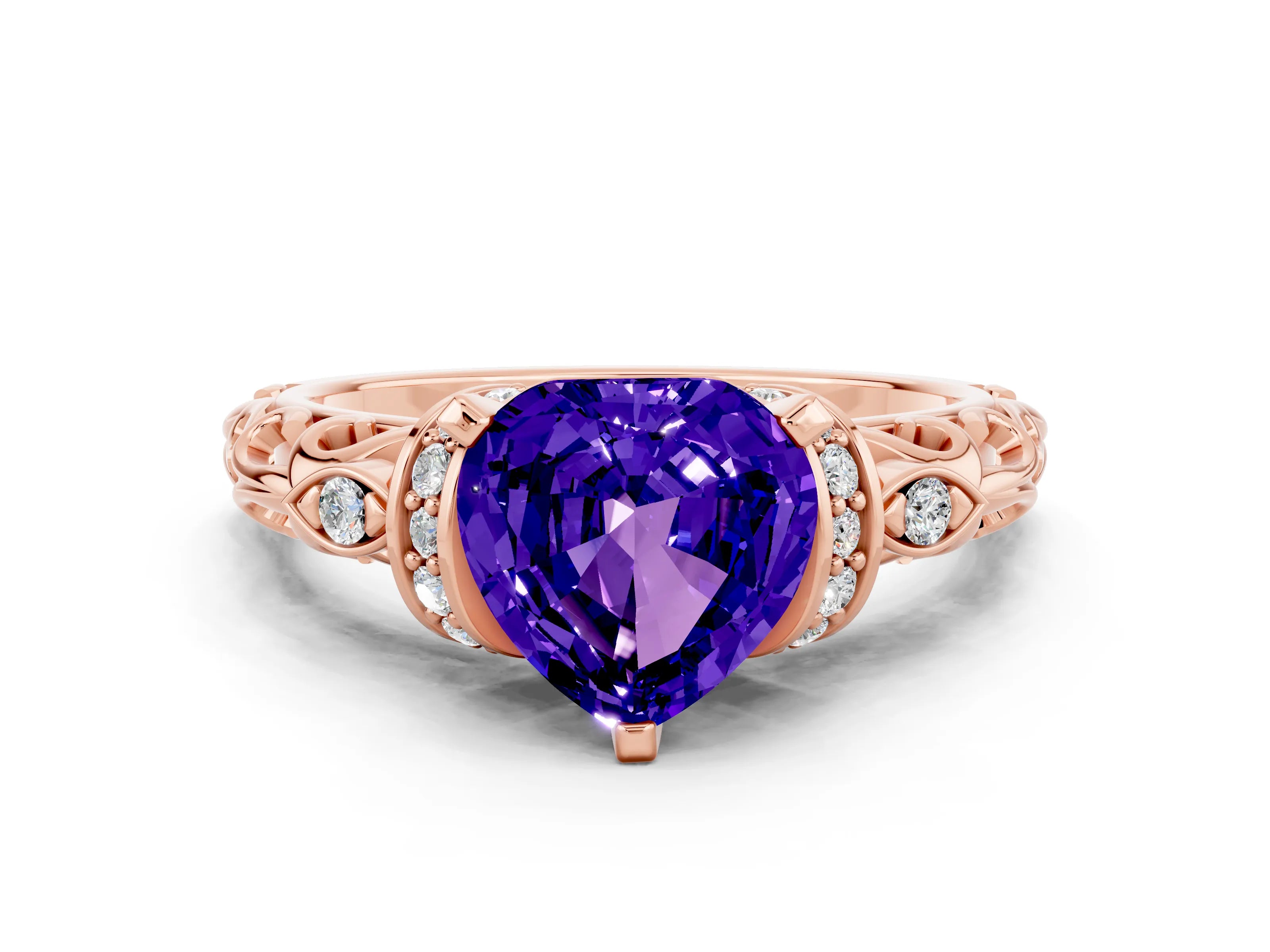 Rose gold Heart Cut Tanzanite Solitaire Ring with Filigree Band and Four-Prong Setting_24
