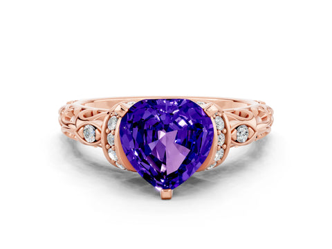 Rose gold Heart Cut Tanzanite Solitaire Ring with Filigree Band and Four-Prong Setting_24
