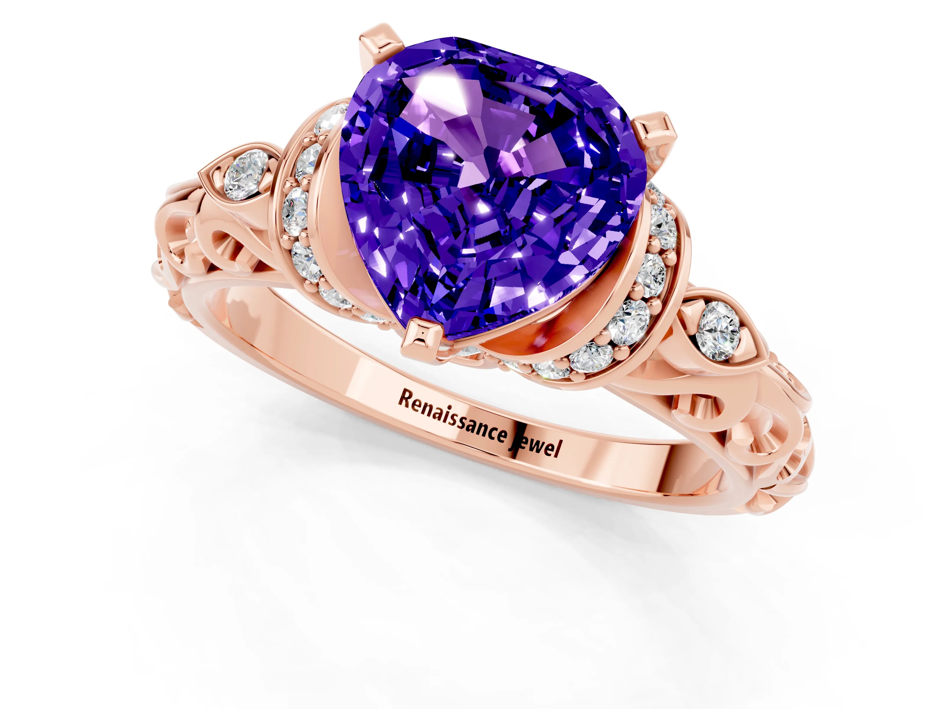 Rose gold Heart Cut Tanzanite Solitaire Ring with Filigree Band and Four-Prong Setting_25