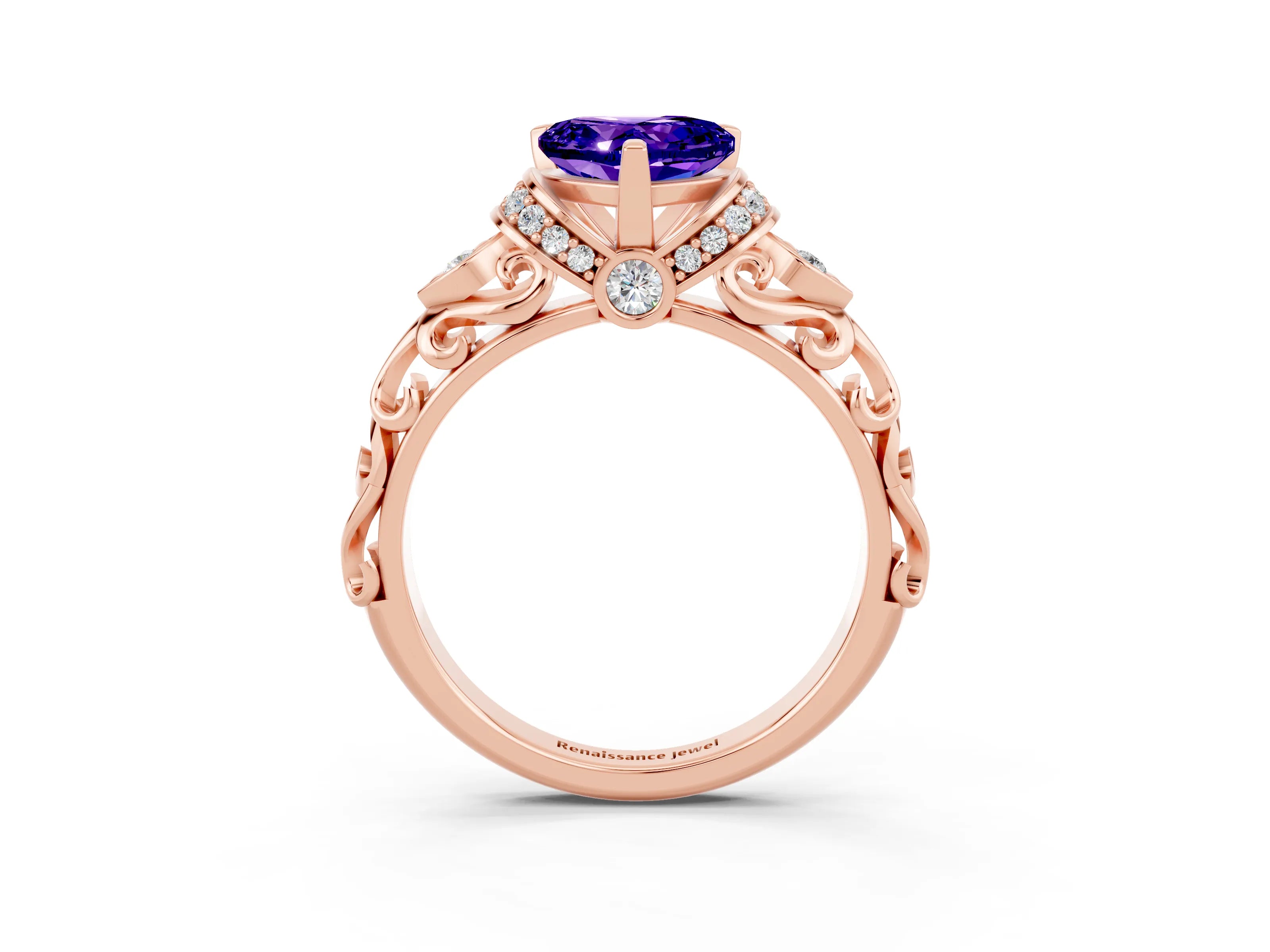 Rose gold Heart Cut Tanzanite Solitaire Ring with Filigree Band and Four-Prong Setting_27