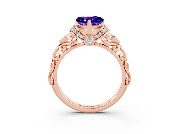 Rose gold Heart Cut Tanzanite Solitaire Ring with Filigree Band and Four-Prong Setting