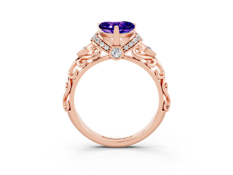 Rose gold Heart Cut Tanzanite Solitaire Ring with Filigree Band and Four-Prong Setting_27