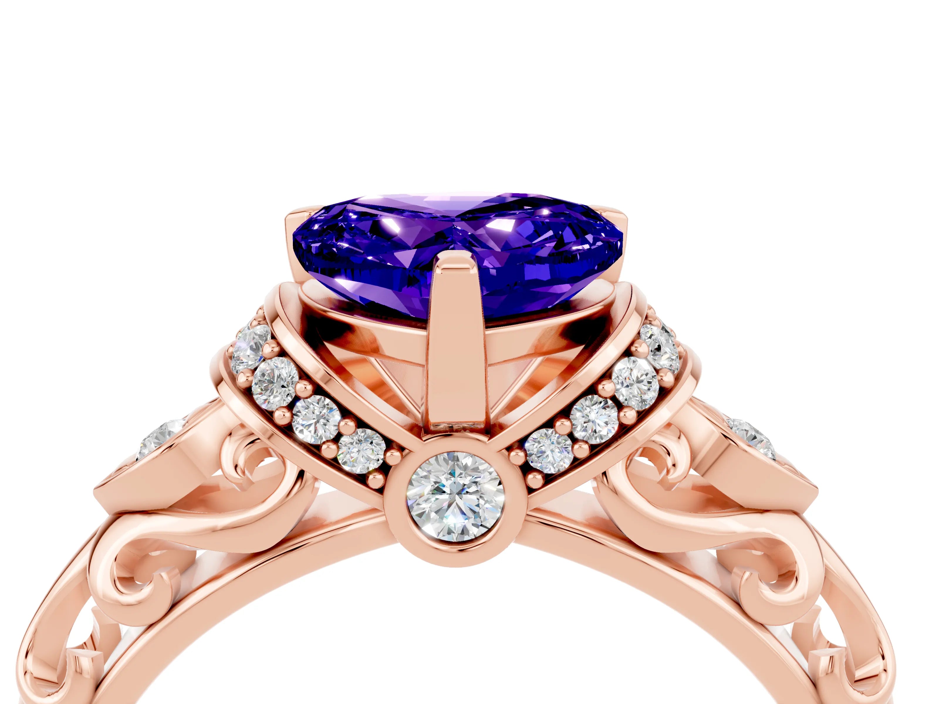 Rose gold Heart Cut Tanzanite Solitaire Ring with Filigree Band and Four-Prong Setting_28