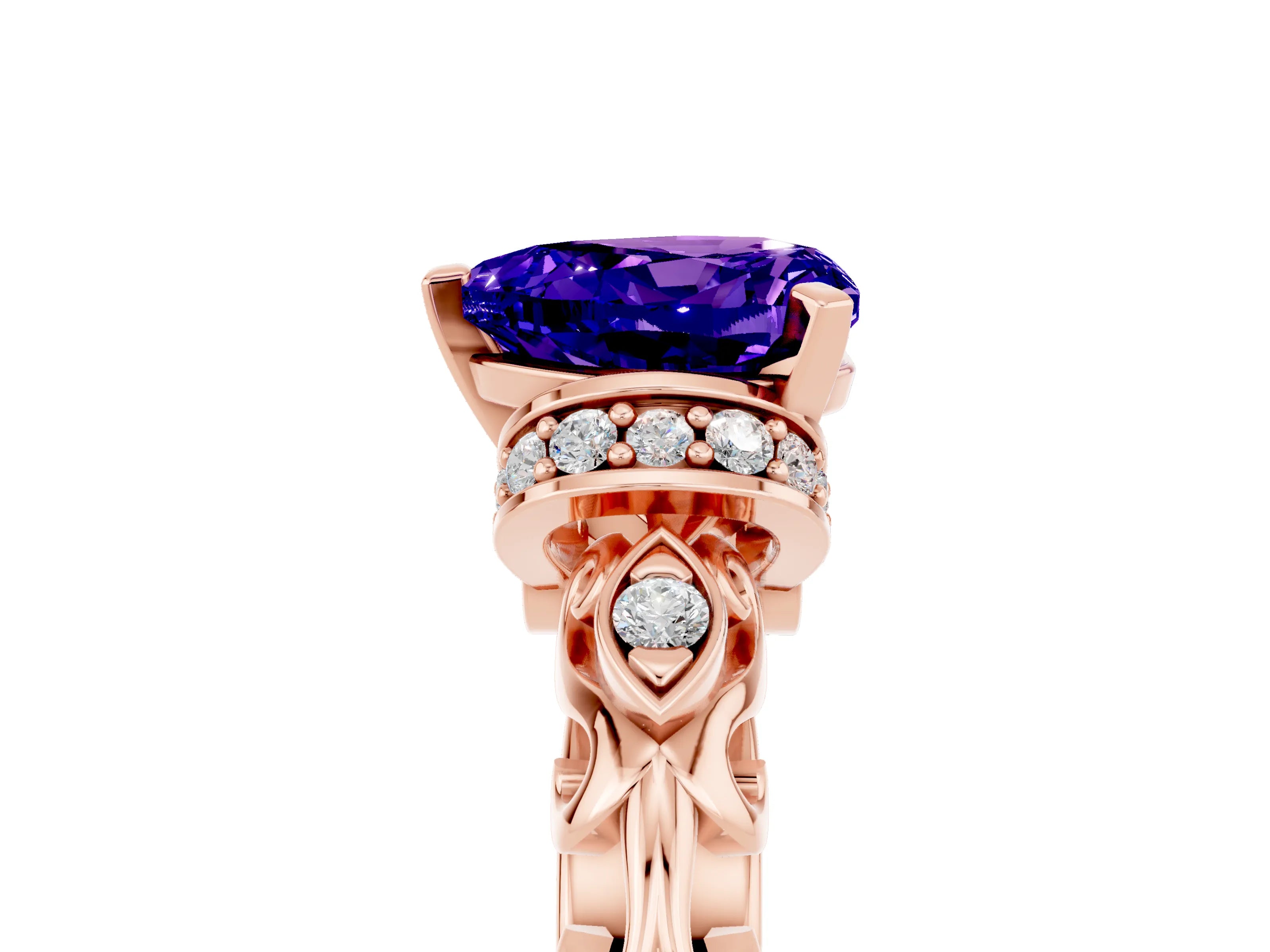 Rose gold Heart Cut Tanzanite Solitaire Ring with Filigree Band and Four-Prong Setting_29