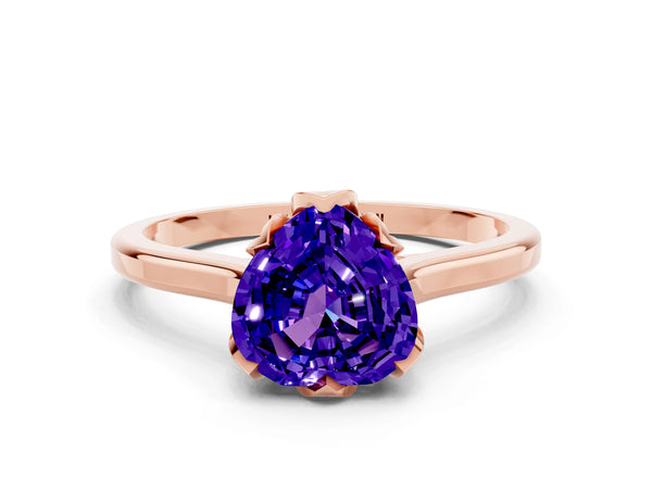 Rose gold Heart Cut Tanzanite Solitaire Ring with Flower Prong Setting and Classic Band