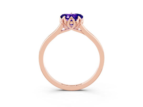 Rose gold Heart Cut Tanzanite Solitaire Ring with Flower Prong Setting and Classic Band
