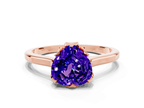 Rose gold Heart Cut Tanzanite Solitaire Ring with Flower Prong Setting and Classic Band