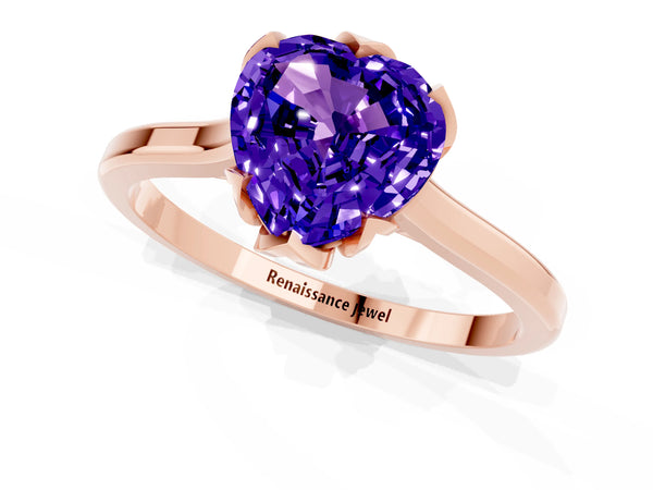 Rose gold Heart Cut Tanzanite Solitaire Ring with Flower Prong Setting and Classic Band