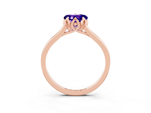 Rose gold Heart Cut Tanzanite Solitaire Ring with Flower Prong Setting and Classic Band