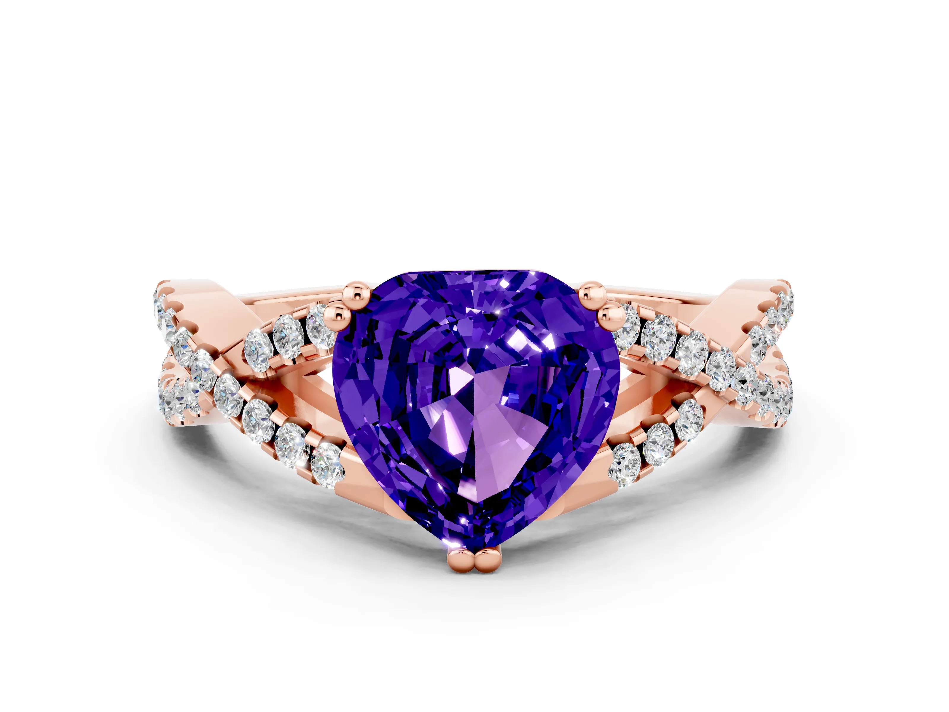 Rose gold Heart Cut Tanzanite Solitaire Ring with Four-Prong Setting and Twisted Pavé Band