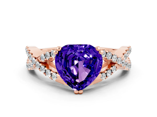 Rose gold Heart Cut Tanzanite Solitaire Ring with Four-Prong Setting and Twisted Pavé Band