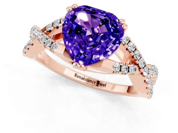 Rose gold Heart Cut Tanzanite Solitaire Ring with Four-Prong Setting and Twisted Pavé Band