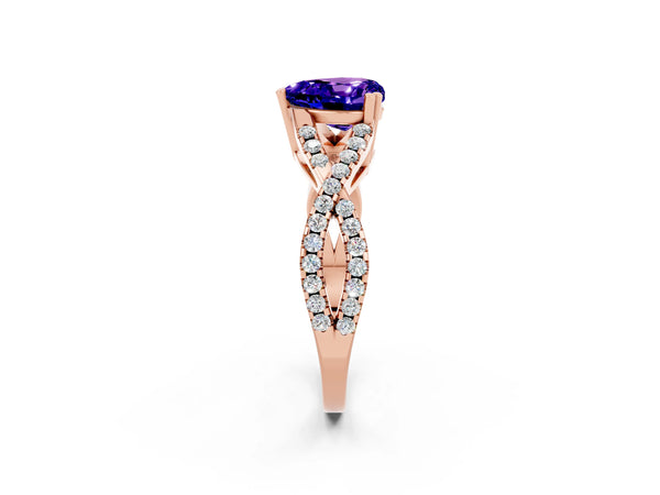 Rose gold Heart Cut Tanzanite Solitaire Ring with Four-Prong Setting and Twisted Pavé Band