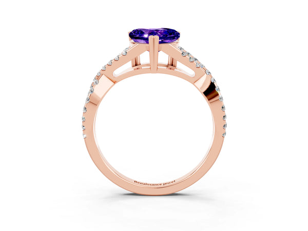 Rose gold Heart Cut Tanzanite Solitaire Ring with Four-Prong Setting and Twisted Pavé Band