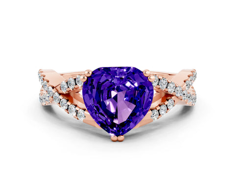 Rose gold Heart Cut Tanzanite Solitaire Ring with Four-Prong Setting and Twisted Pavé Band