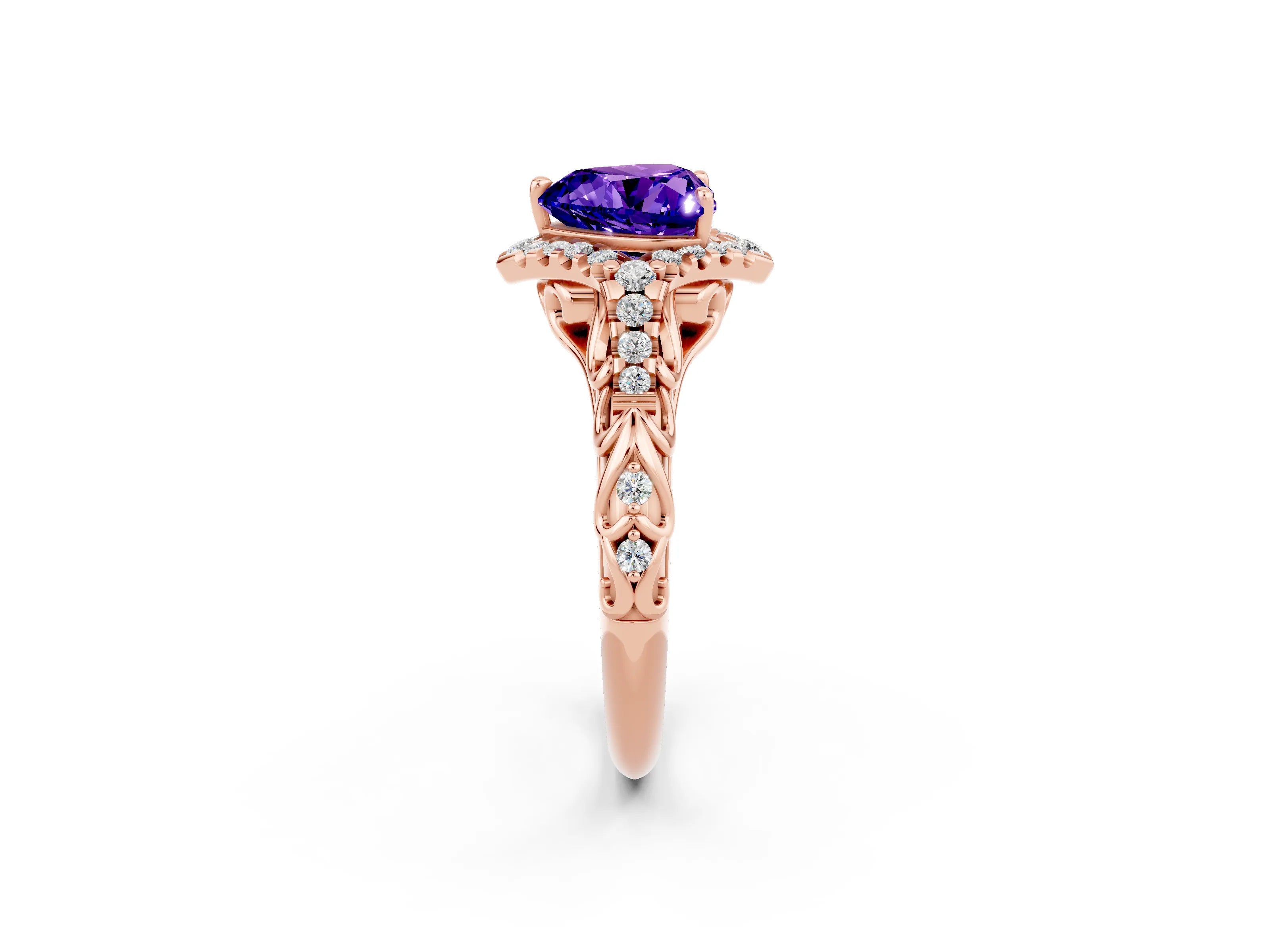 Rose gold Heart Cut Tanzanite Solitaire Ring with Hidden Halo and Pavé Band_14