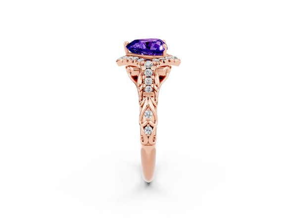 Rose gold Heart Cut Tanzanite Solitaire Ring with Hidden Halo and Pavé Band