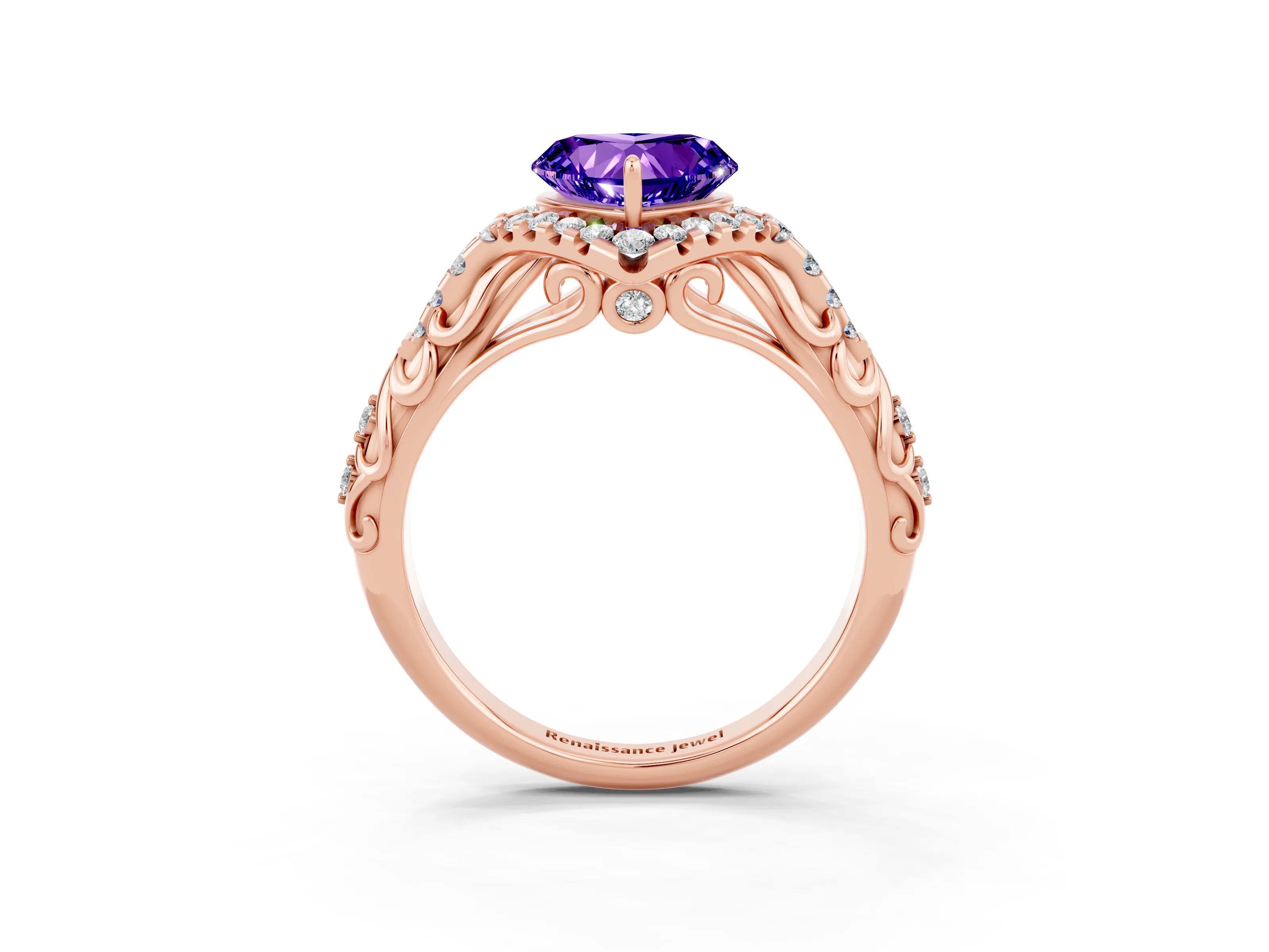 Rose gold Heart Cut Tanzanite Solitaire Ring with Hidden Halo and Pavé Band_15