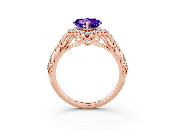 Rose gold Heart Cut Tanzanite Solitaire Ring with Hidden Halo and Pavé Band