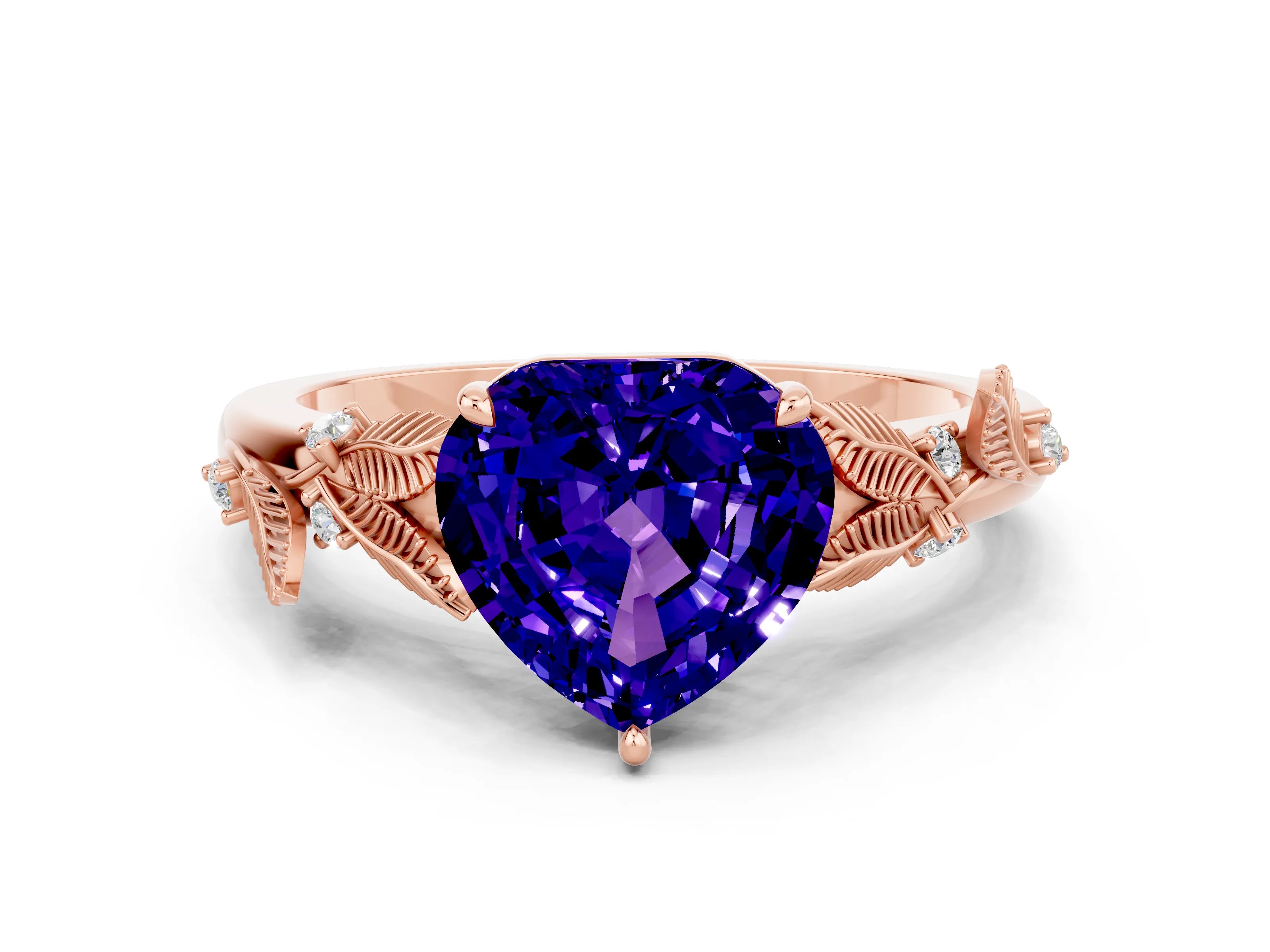 Rose gold Heart Cut Tanzanite Solitaire Ring with Leaf Motif Band and Four-Prong Setting