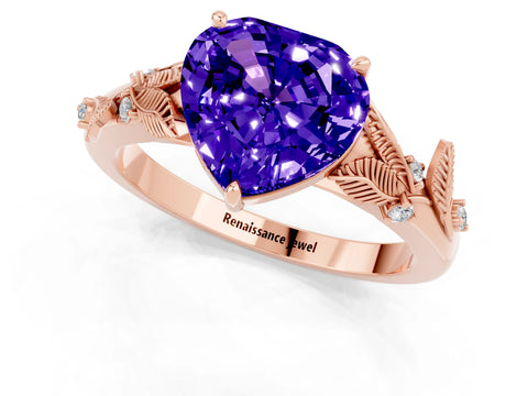 Rose gold Heart Cut Tanzanite Solitaire Ring with Leaf Motif Band and Four-Prong Setting_1