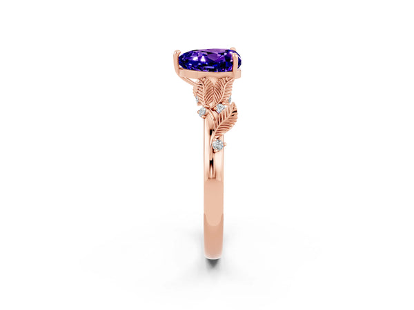 Rose gold Heart Cut Tanzanite Solitaire Ring with Leaf Motif Band and Four-Prong Setting