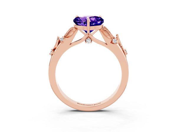 Rose gold Heart Cut Tanzanite Solitaire Ring with Leaf Motif Band and Four-Prong Setting