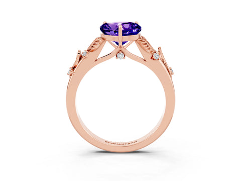 Rose gold Heart Cut Tanzanite Solitaire Ring with Leaf Motif Band and Four-Prong Setting_3