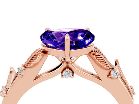 Rose gold Heart Cut Tanzanite Solitaire Ring with Leaf Motif Band and Four-Prong Setting_4