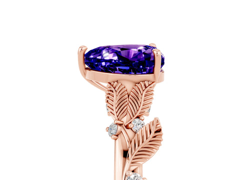 Rose gold Heart Cut Tanzanite Solitaire Ring with Leaf Motif Band and Four-Prong Setting_5