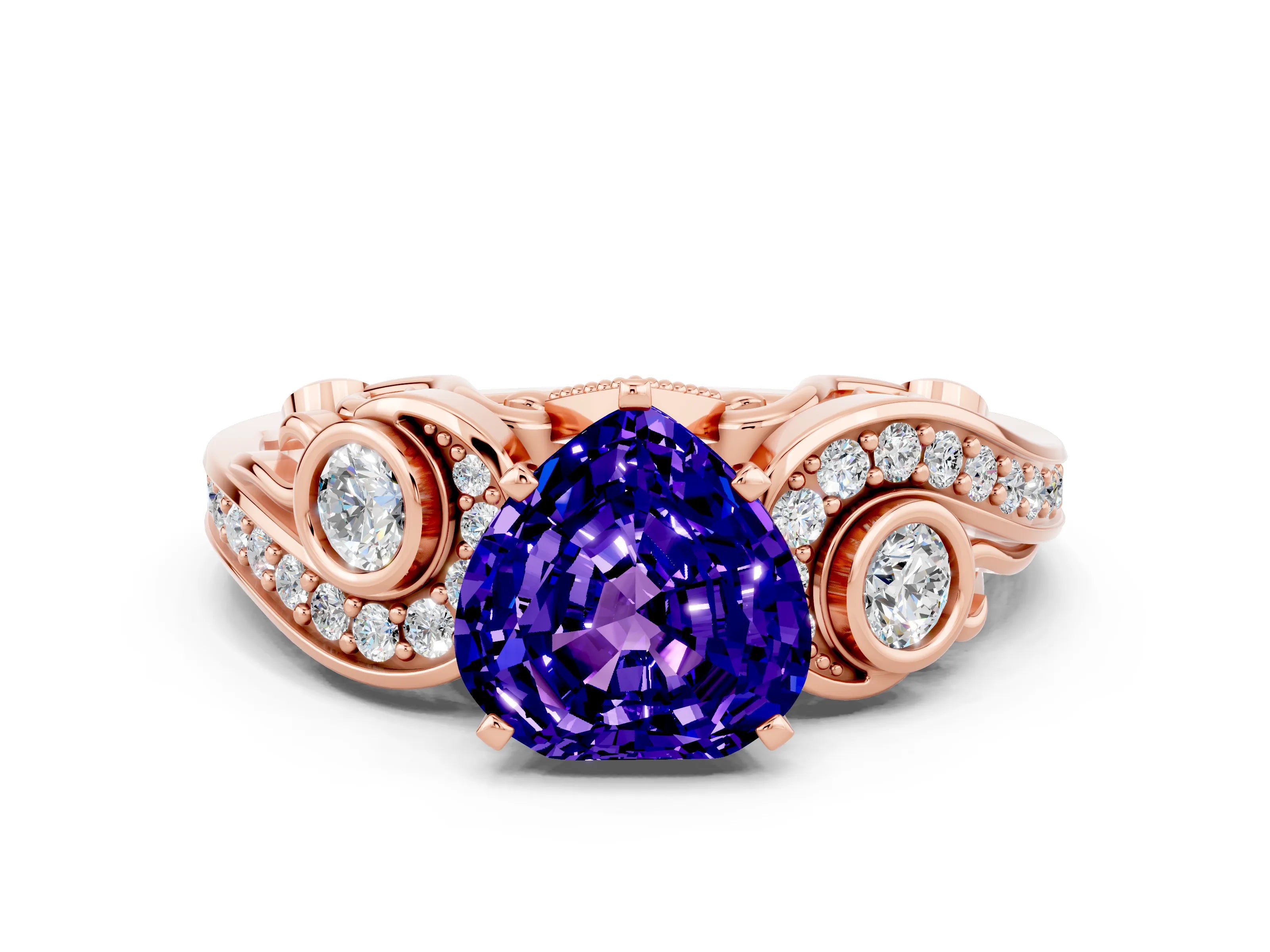 Rose gold Heart Cut Tanzanite Solitaire Ring with Milgrain Pavé Band and Four-Prong Setting_24