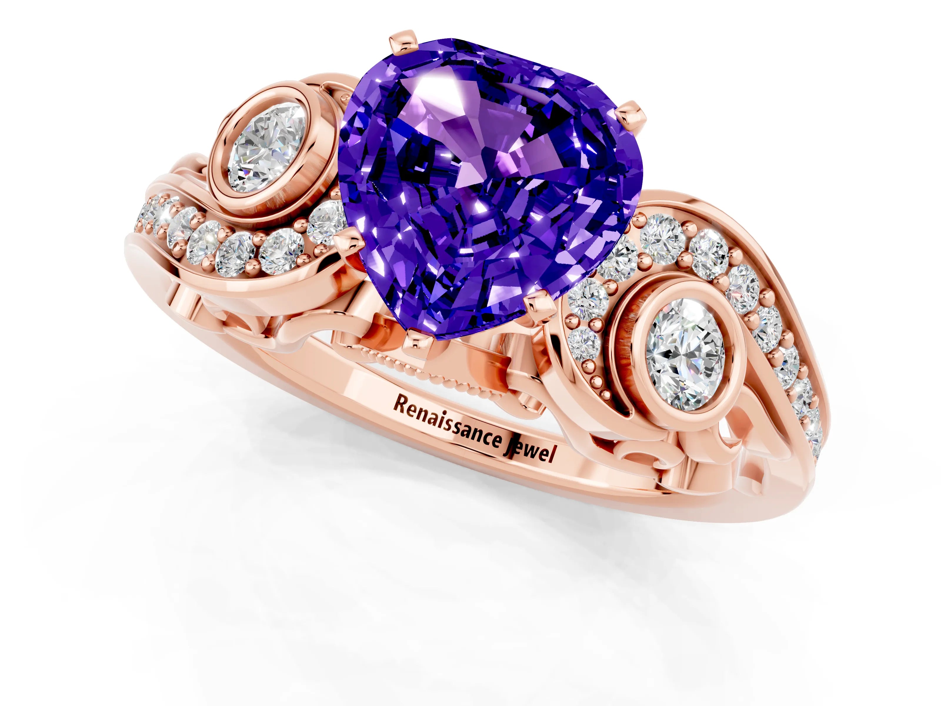 Rose gold Heart Cut Tanzanite Solitaire Ring with Milgrain Pavé Band and Four-Prong Setting_25