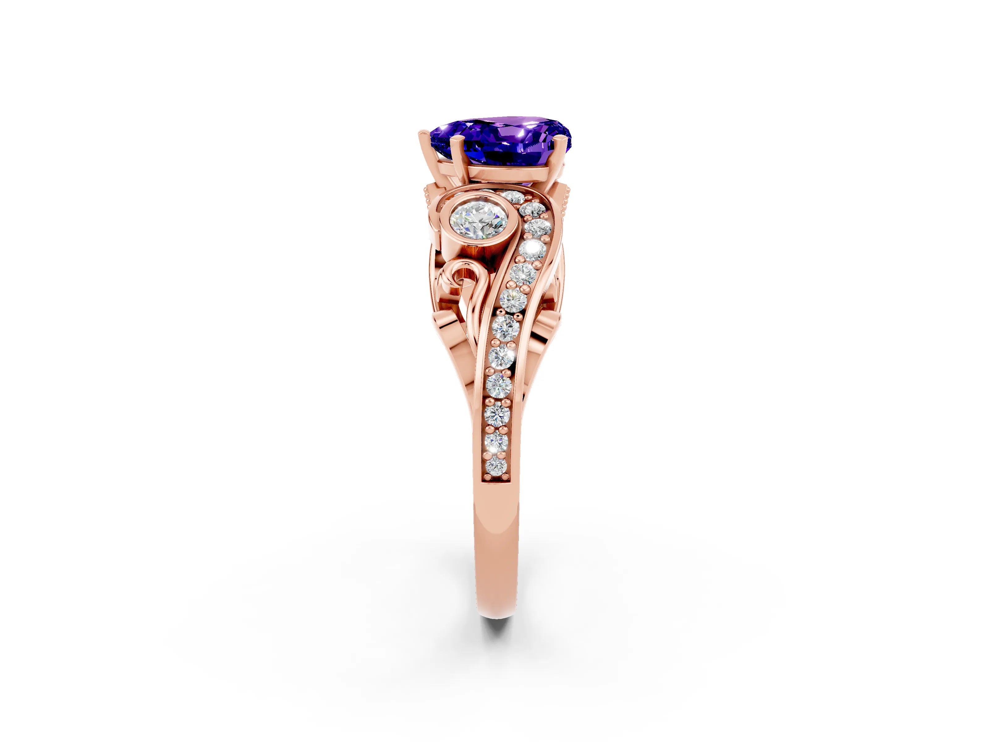 Rose gold Heart Cut Tanzanite Solitaire Ring with Milgrain Pavé Band and Four-Prong Setting_26