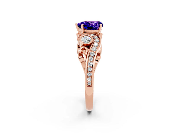 Rose gold Heart Cut Tanzanite Solitaire Ring with Milgrain Pavé Band and Four-Prong Setting