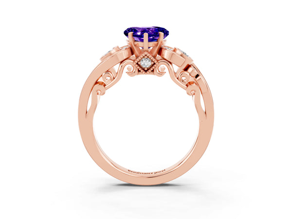 Rose gold Heart Cut Tanzanite Solitaire Ring with Milgrain Pavé Band and Four-Prong Setting