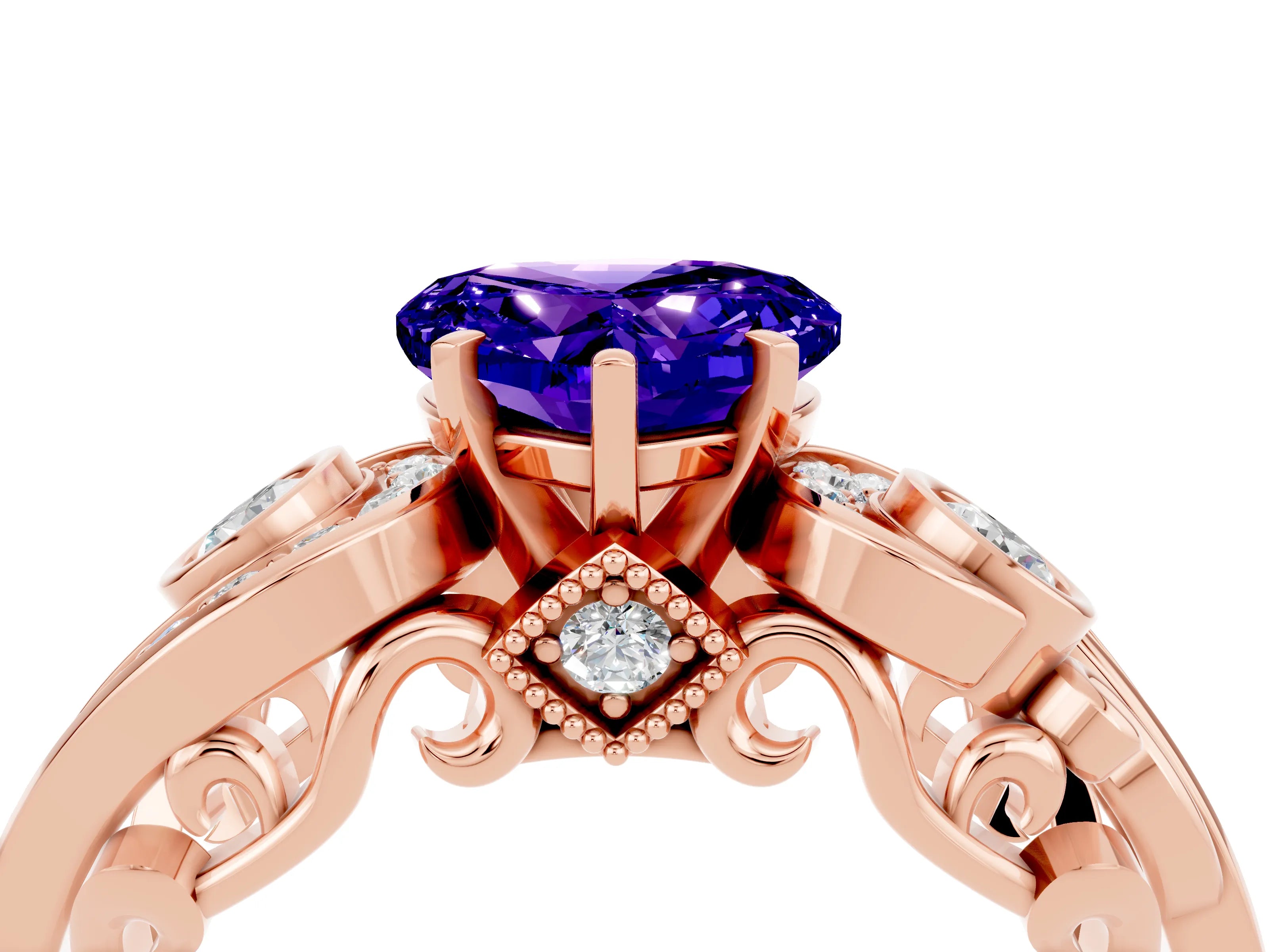 Rose gold Heart Cut Tanzanite Solitaire Ring with Milgrain Pavé Band and Four-Prong Setting_28