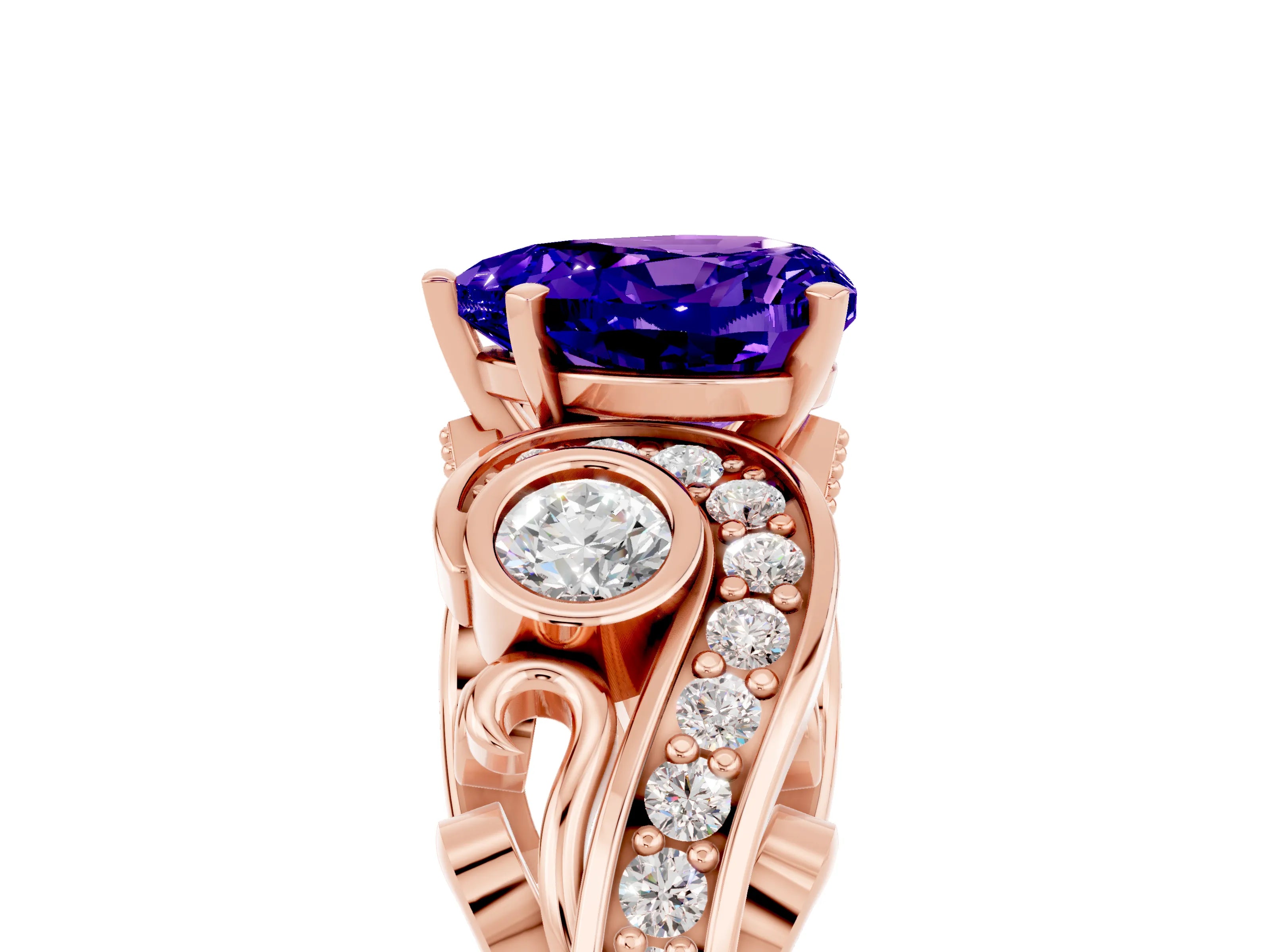 Rose gold Heart Cut Tanzanite Solitaire Ring with Milgrain Pavé Band and Four-Prong Setting_29